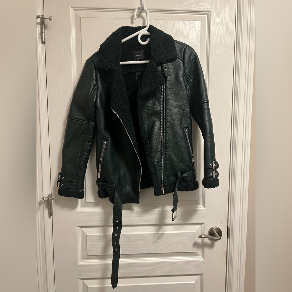 Forest Green Faux Leather Jacket with Shearling Lining